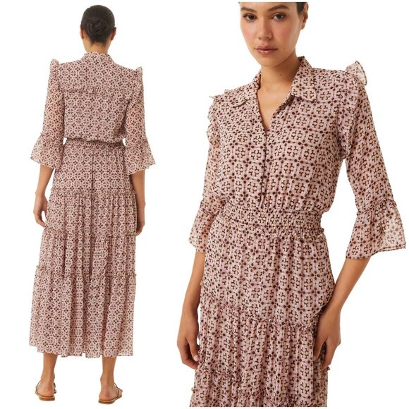 MISA Los Angeles Pamelina Dress L large Warm Winter Tile tiered maxi pink - Picture 2 of 11